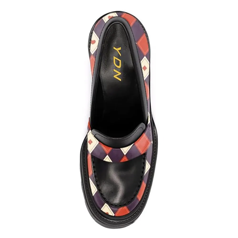 Classic Multicolor Poker Print Round Toe Block Heeled Loafers