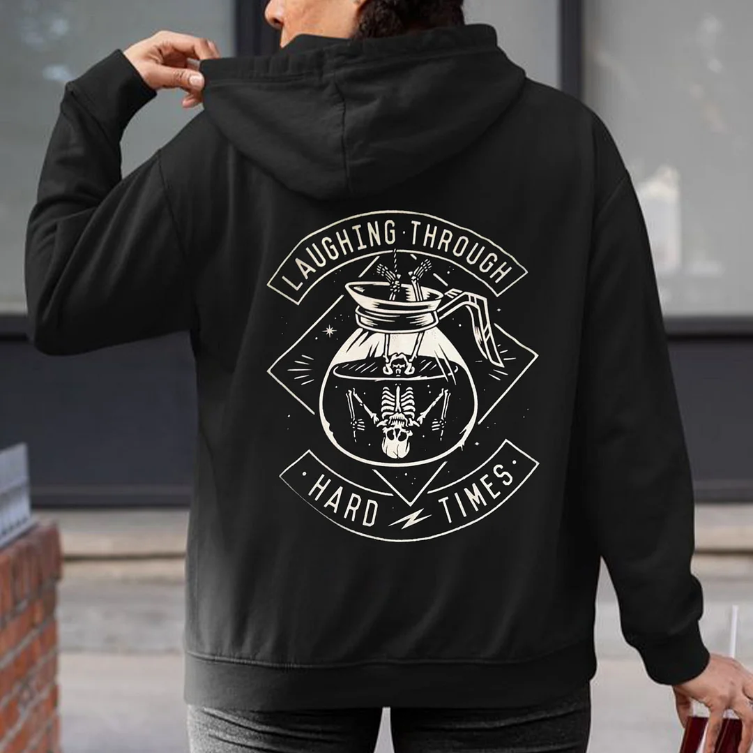 LAUGHING THROUGH HARD TIMES Skull Upside Down  Black Print Hoodie