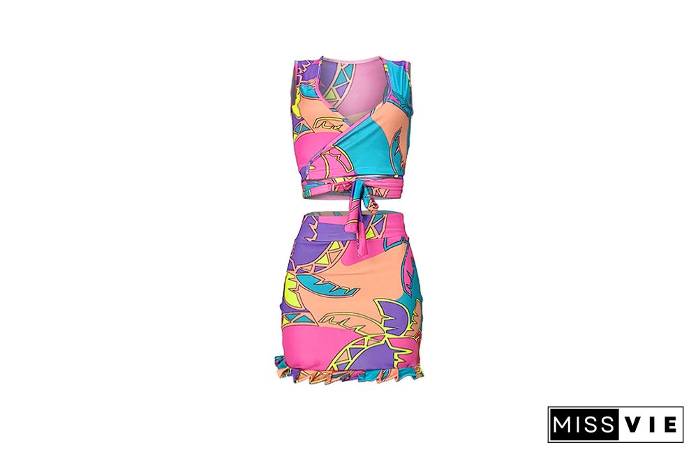 Women Streetwear Fashion Summer Print Bandage Crop Top Mini Skirt Party Clubwear Two Piece Set