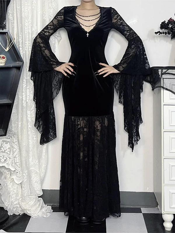 Medieval Gothic Vampire Lace Flared Sleeve Velvet  Maxi Dress