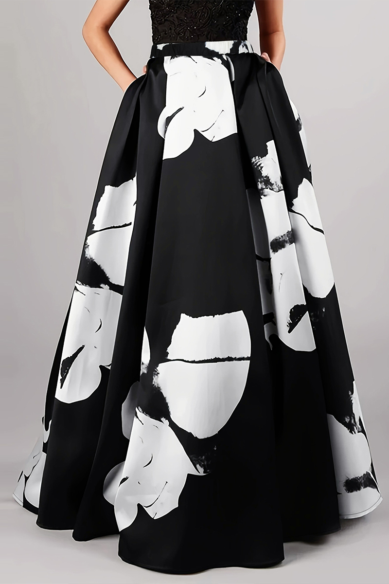 Abstract Floral Print High Waist Wide Hem Maxi Skirt-Black