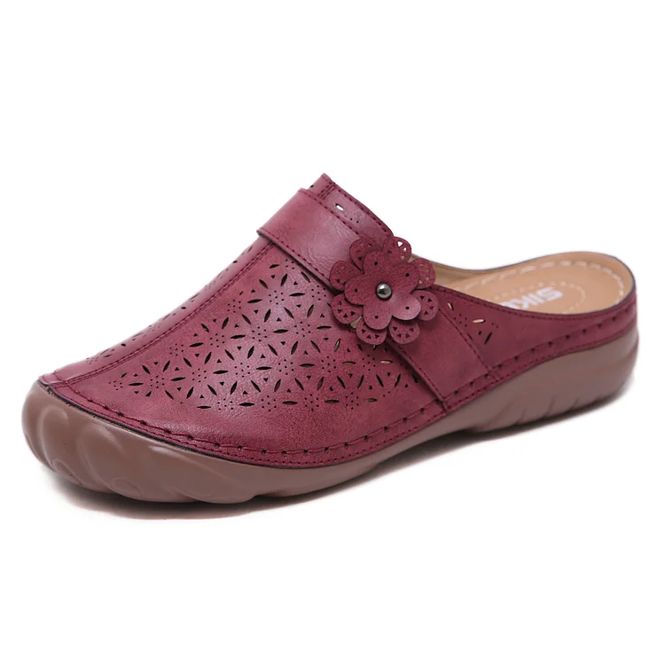 Women's Soft Vintage Floral Leather Mules Platform Sandals