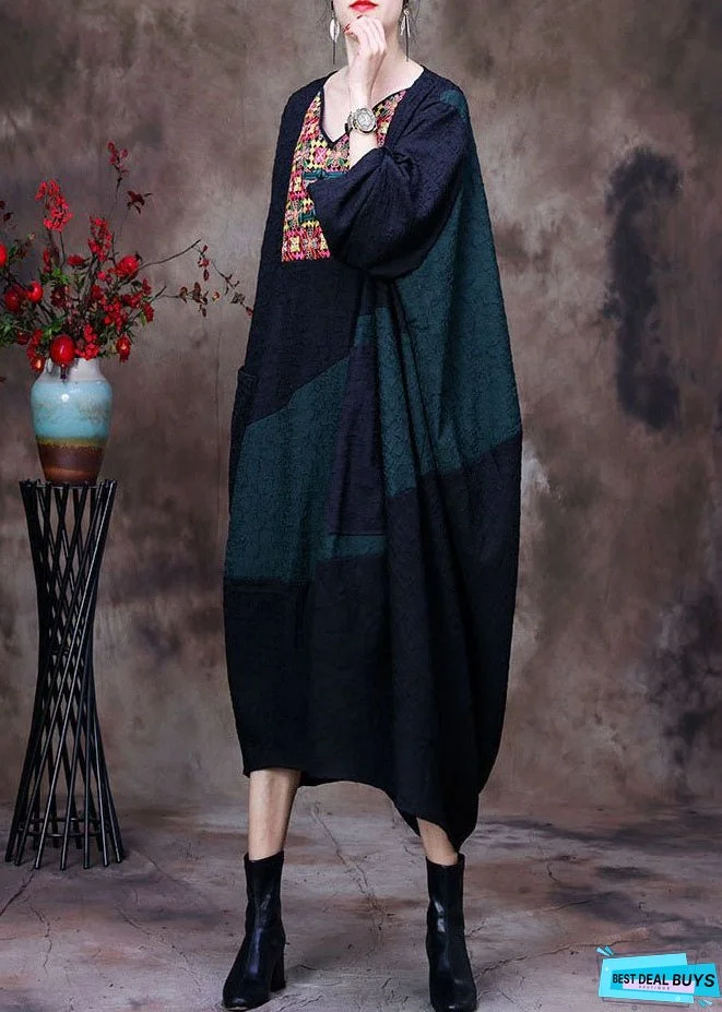Plus Size Black V Neck Embroideried Patchwork Wrinkled Silk Dresses Long Sleeve