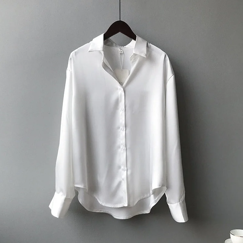 Satin Shirts Fashion Long Sleeve Blouse Women Autumn Vintage Button Up White Loose Woman's Shirts Female Silk Shirt Women 11355