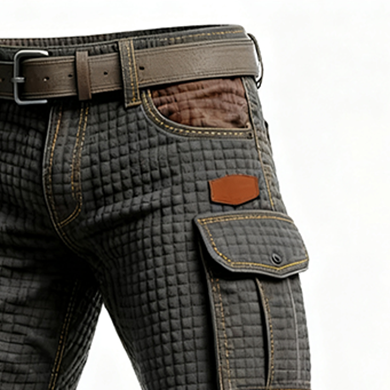 Men's Autumn/Winter New Outdoor Knitted Checkered Fabric Multi-Pocket Design Workwear Casual Trousers-inspireuse