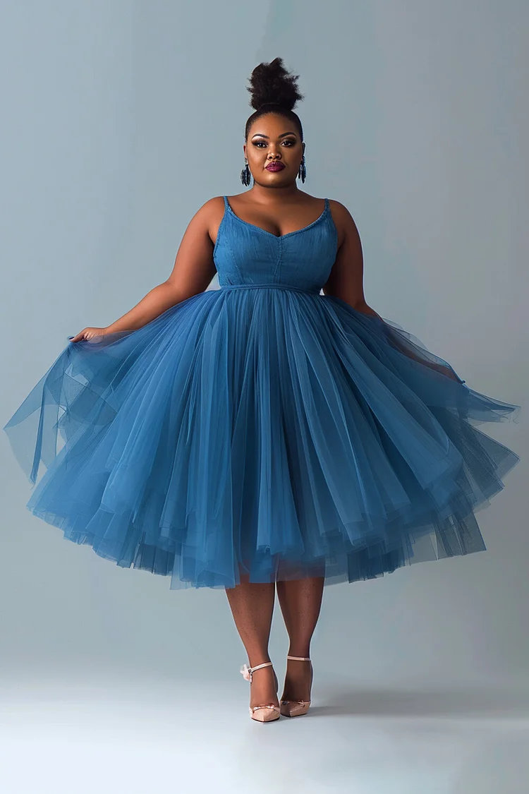 Xpluswear Design Plus Size Vacation Tulle Blue Zipper Contrast Tencel Denim Midi Dresses [Pre-Order]
