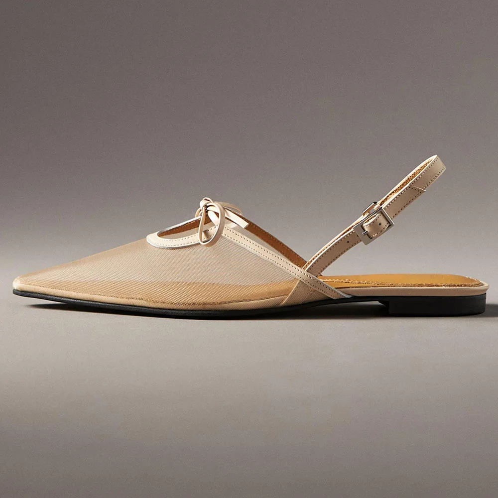 Beige Mesh Buckle Strap Slingback Pointed-Toe Flats with Bow