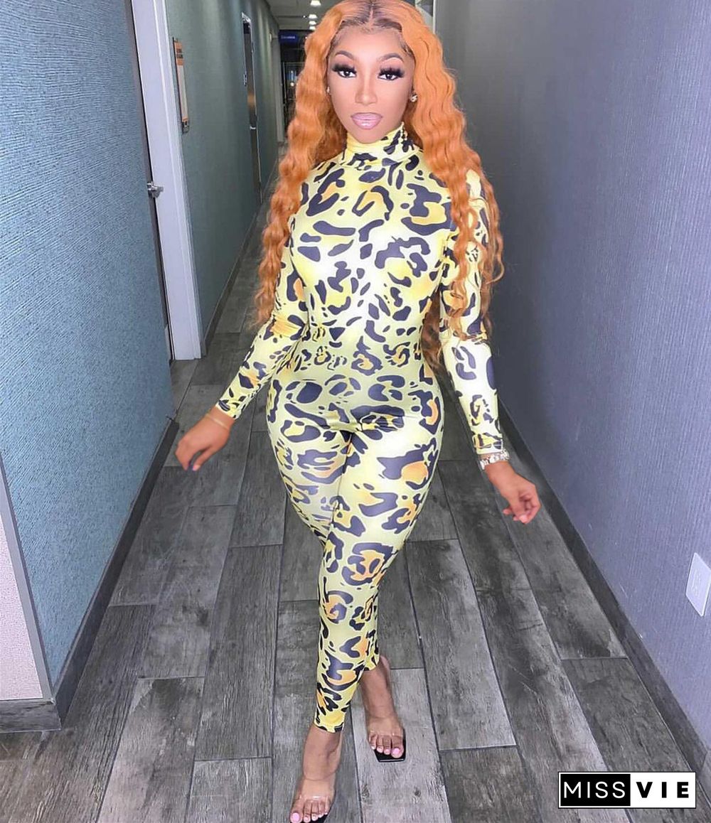 Leopard Print Turtleneck Long Sleeve Skinny Jumpsuit