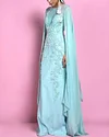 Blue Net Funa Embroidered Cape Sleeve Gown