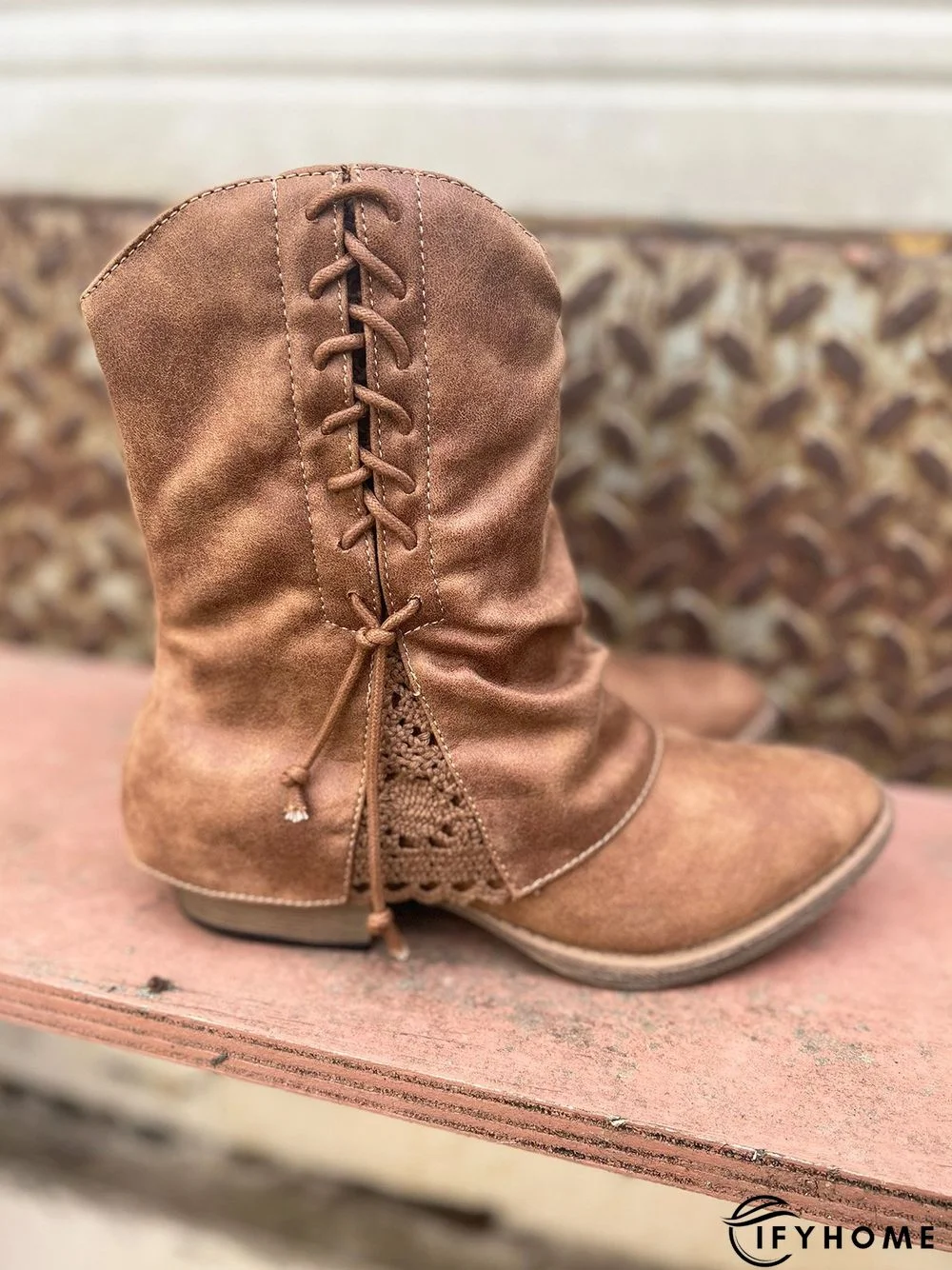 Women's Cross Lace Lace Panel Vintage Chunky Heel Chukkas Booties | IFYHOME