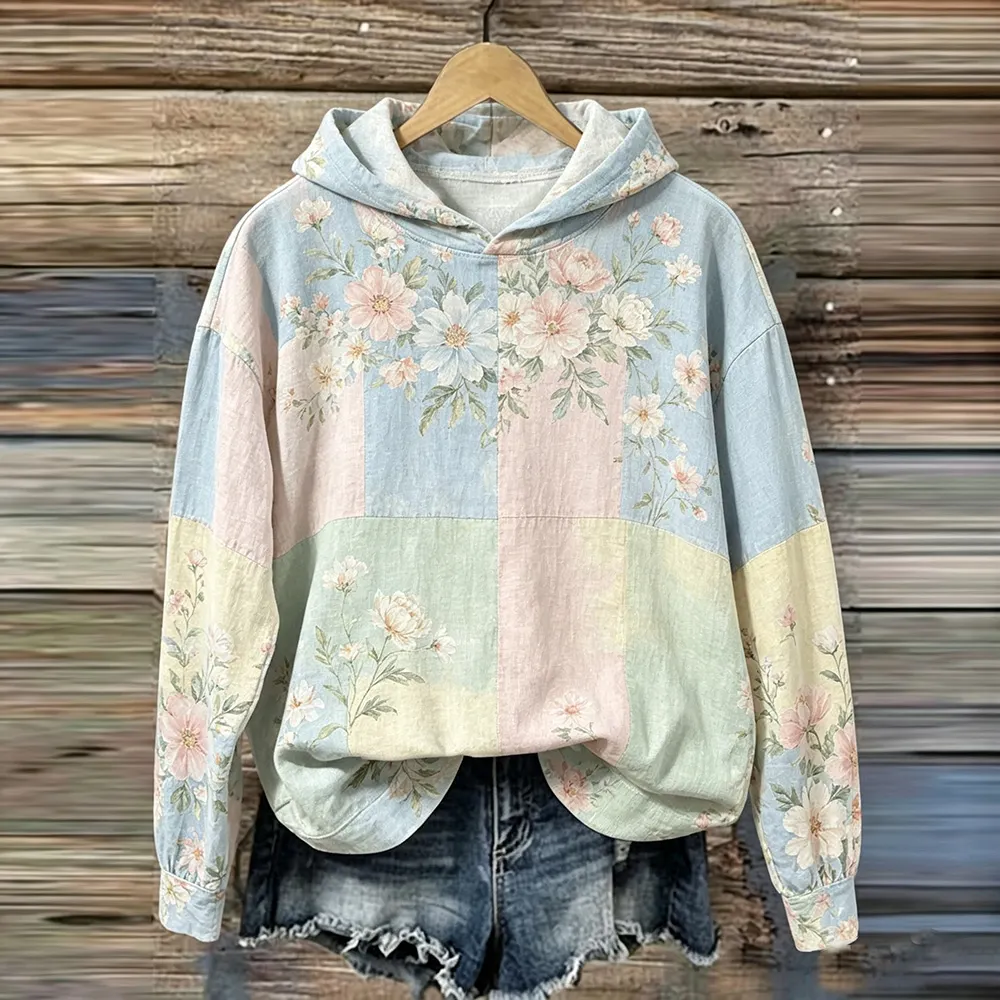 Comstylish Women's Pink Rose And Butterfly Art Print Patchwork Hoodie