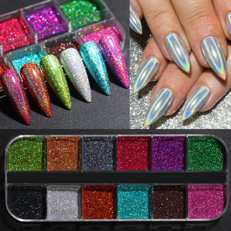 12 Grids Colorful Flourescent Nail Sequins Hollow Circle Sequins Neon Round Nail Art Glitter Flakes Butterfly 3D Slice Tips-Nail Inspo