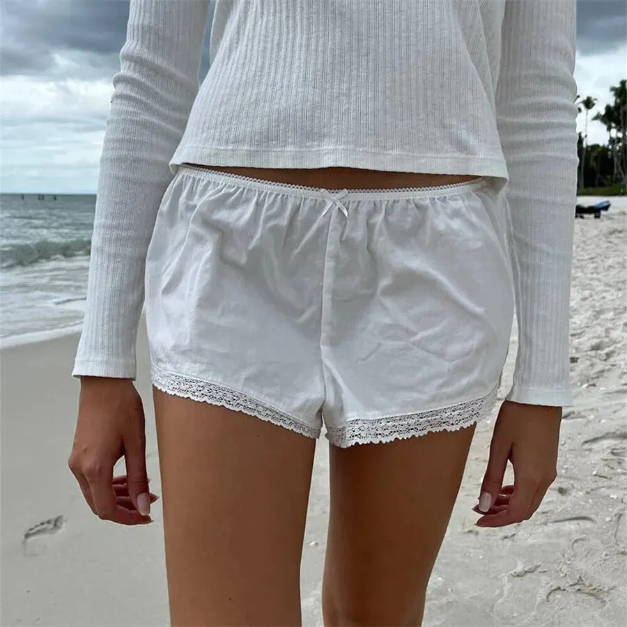 Brownm Lace Patchwork Shorts Women Elastic Low Waist Casual Straight Short Pants Sweet Y2k Bow Summer Sweatshorts Loungewear