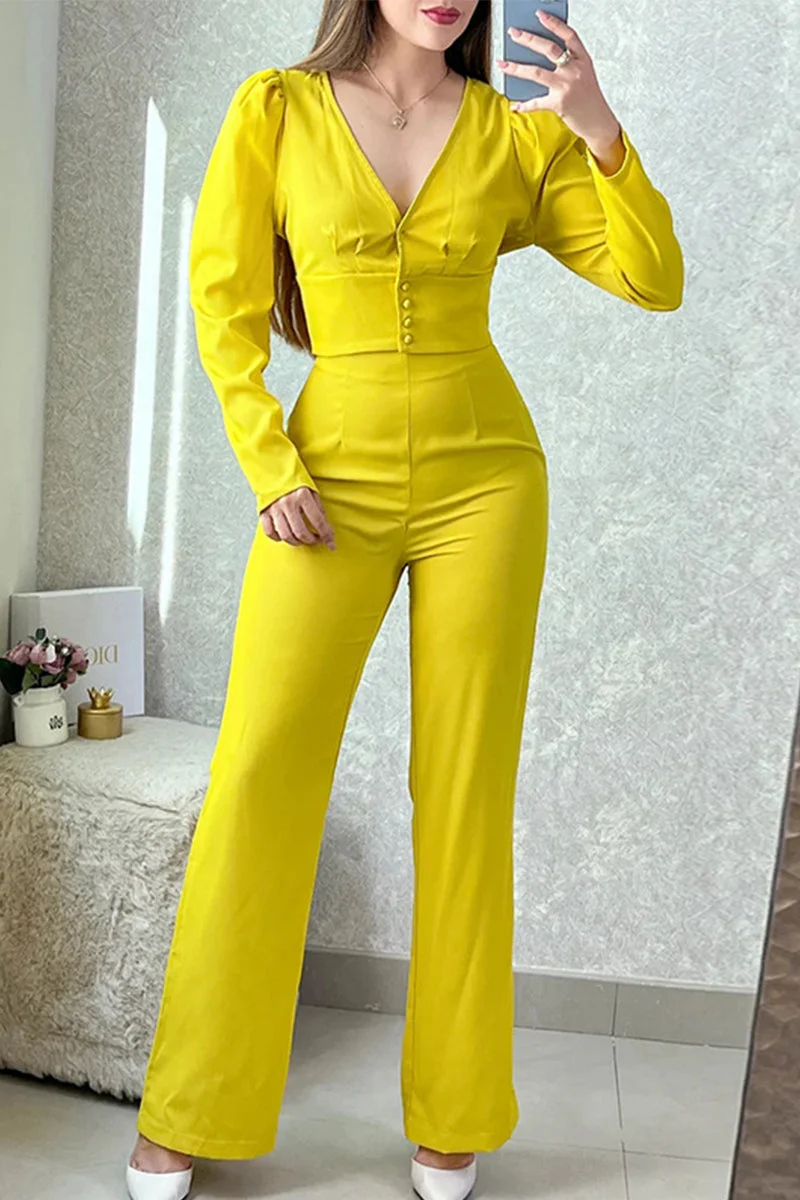 Elegant Solid Buttons Solid Color V Neck Long Sleeve Two Pieces
