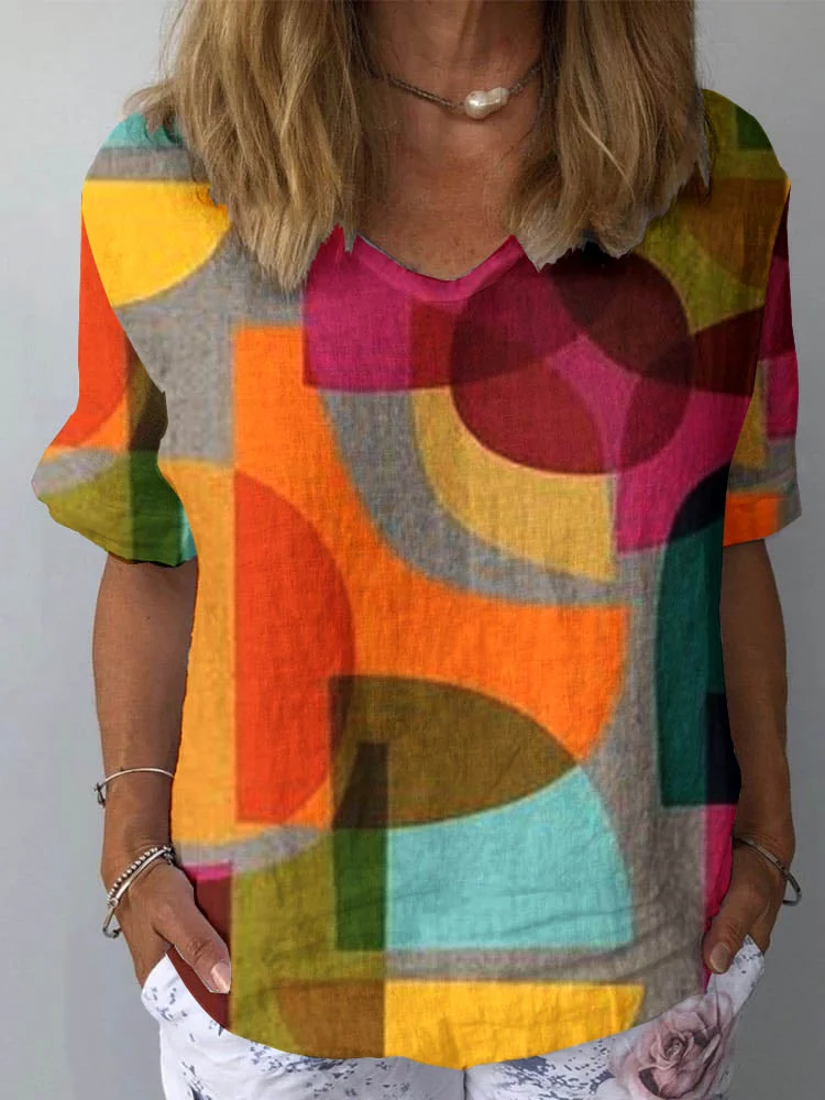 Womens Geometric Art Pattern Print Cotton And Linen Top