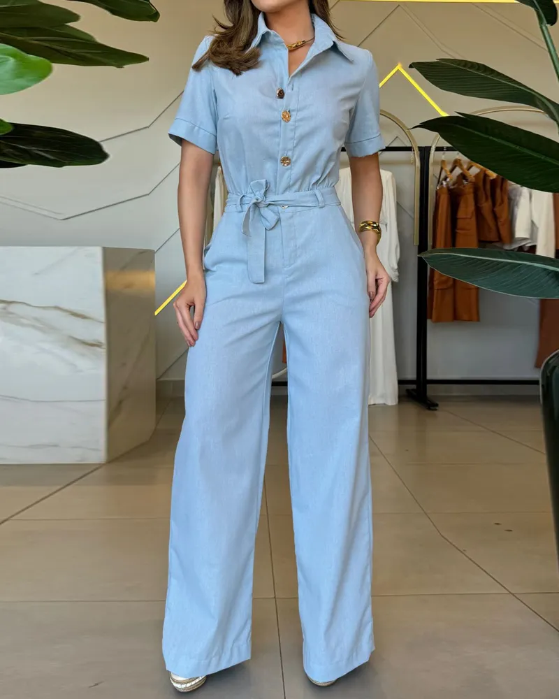 Lapel Short Sleeve Solid Color Jumpsuit