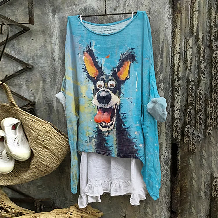 Oil Painting Dog Print Crew Neck Loose Linen Blend Blouse