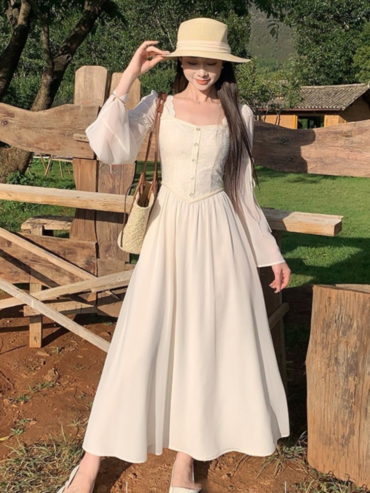 Homometa holiday dress 2025 French Vintage Flare Sleeve Midi Dresses for Women Square Collar A-line Autumn New Casual Solid Party Dress Female Clothing