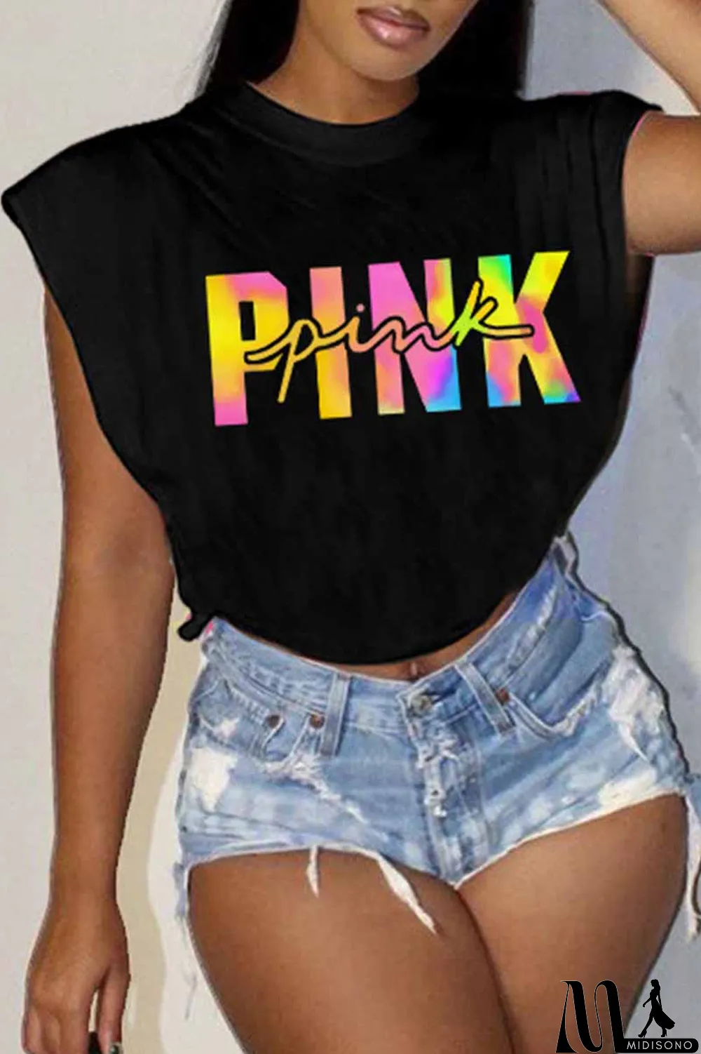 MidiSono - Rose Red Casual Street Print Letter O Neck T-Shirts