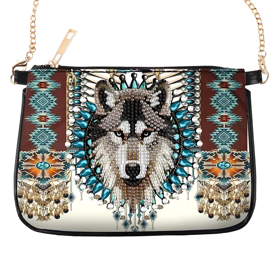 5D Diamond Painting Crossbody Chain Bags PU Diamond Art Purses (Wolf)