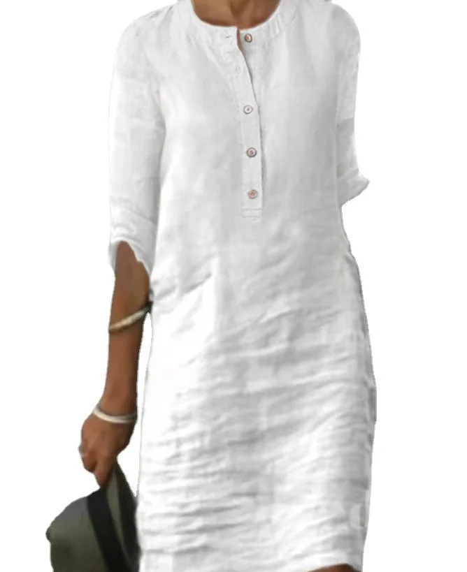 Uveng Spring Cotton And Linen Long-sleeved Dress Dresses