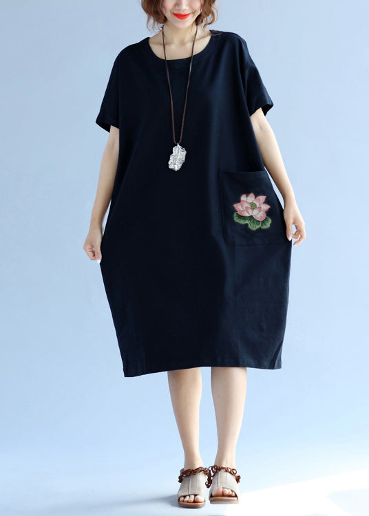 VCSHOES pockets Cotton clothes For Women black Dress Summer