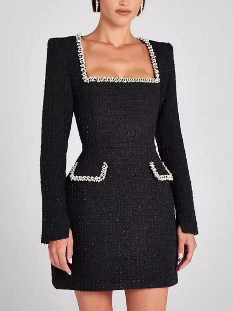 U-neck Long Sleeved Beaded Dress