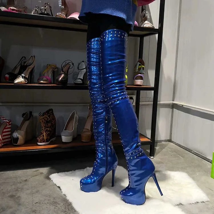 Blue Rivet Thigh High Stiletto Boots with Platform Heels Vdcoo