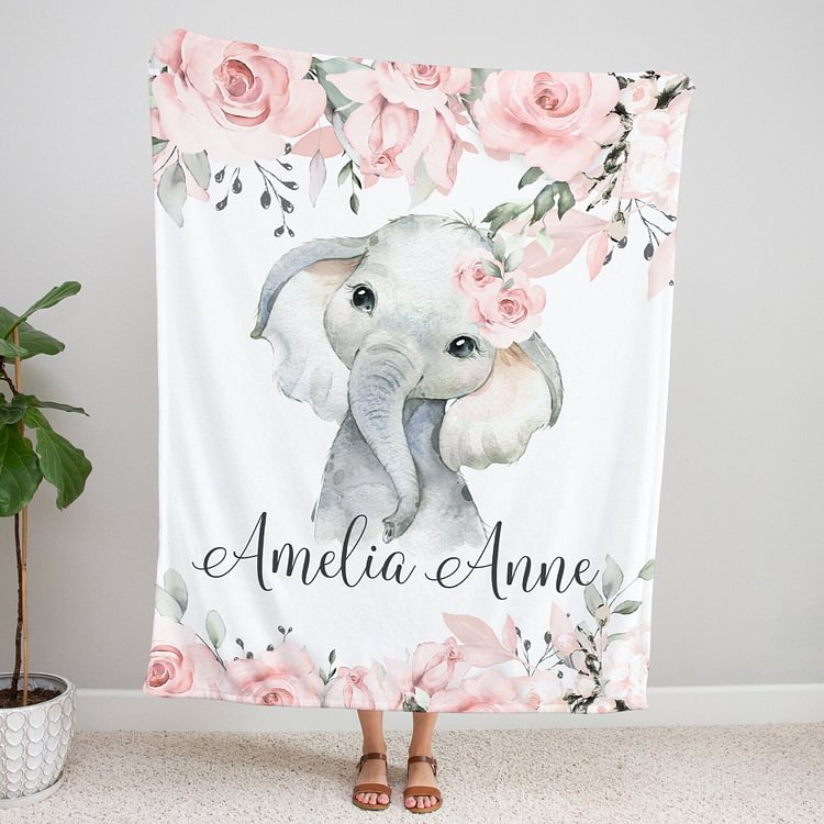 Personalized Pink Floral Elephant Blanket Custom Name Gifts For Baby Girl