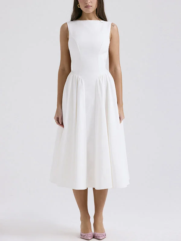 Solid Color Cinch Waist Open Back Midi Tank Dress