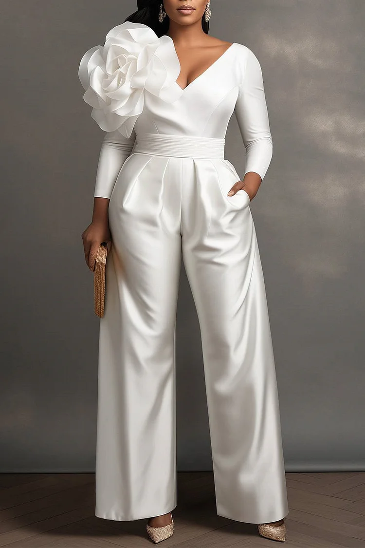 Xpluswear Design Plus Size Wedding White Elegant V Neck Long Sleeve Pocket 3D Satin Jumpsuits