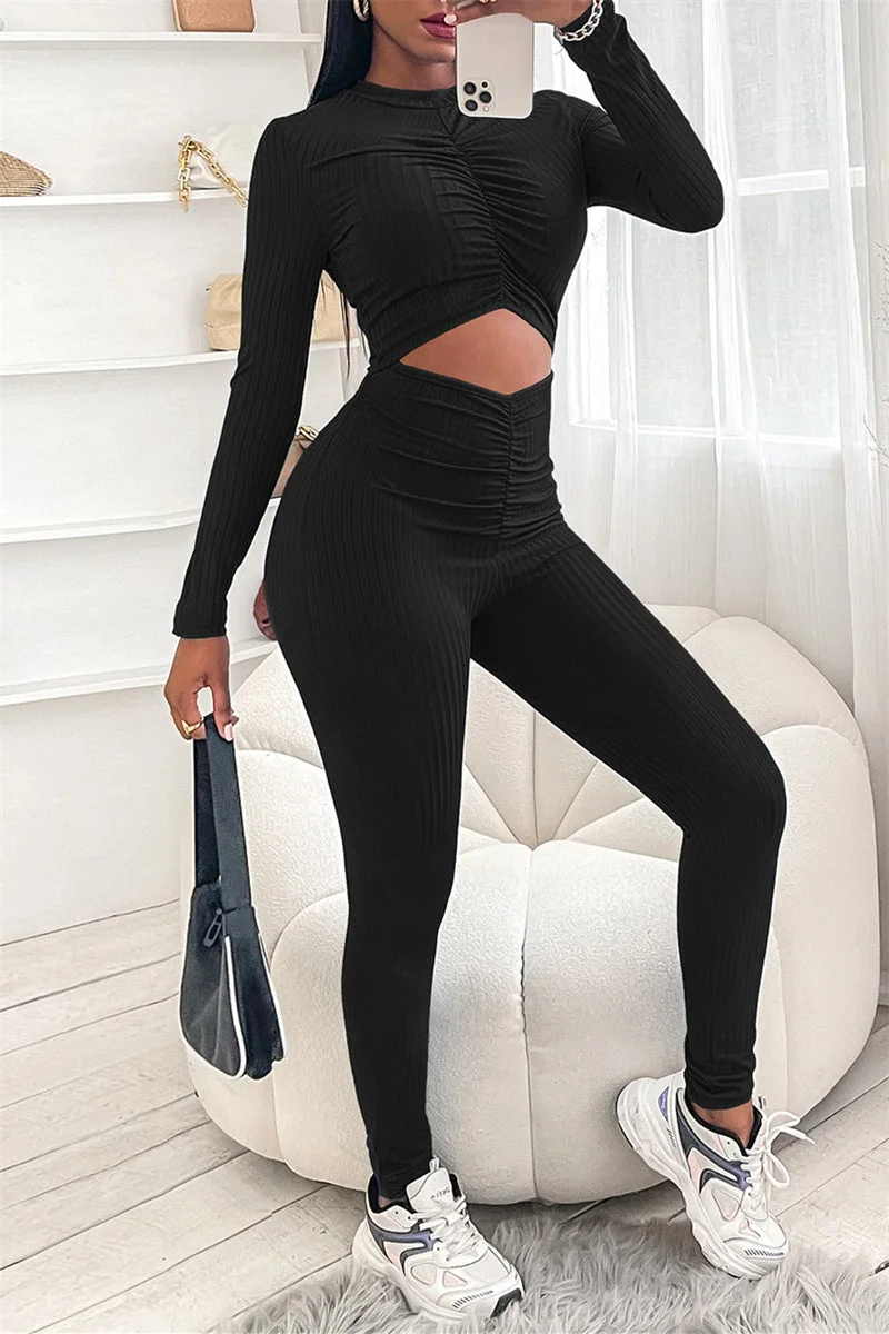 Fashion Casual Solid Hollowed Out O Neck Skinny Jumpsuits