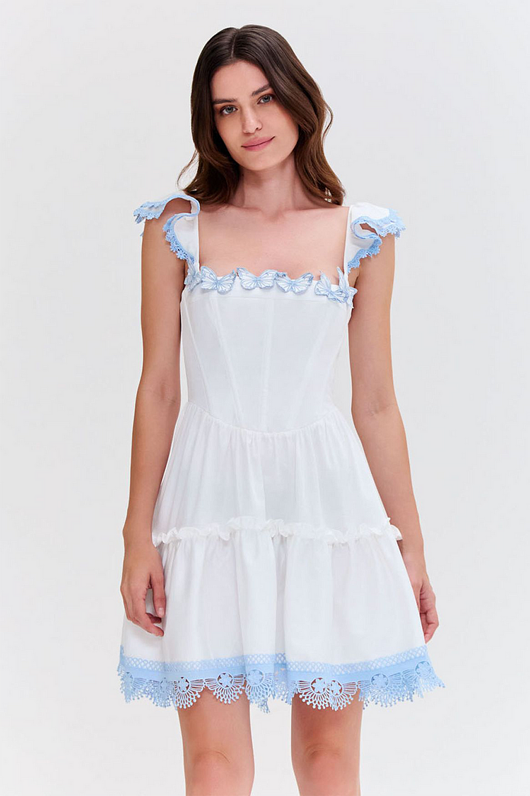 Lace Trim Butterfly Applique Corset A-Line Mini Dresses-White [Pre Order]