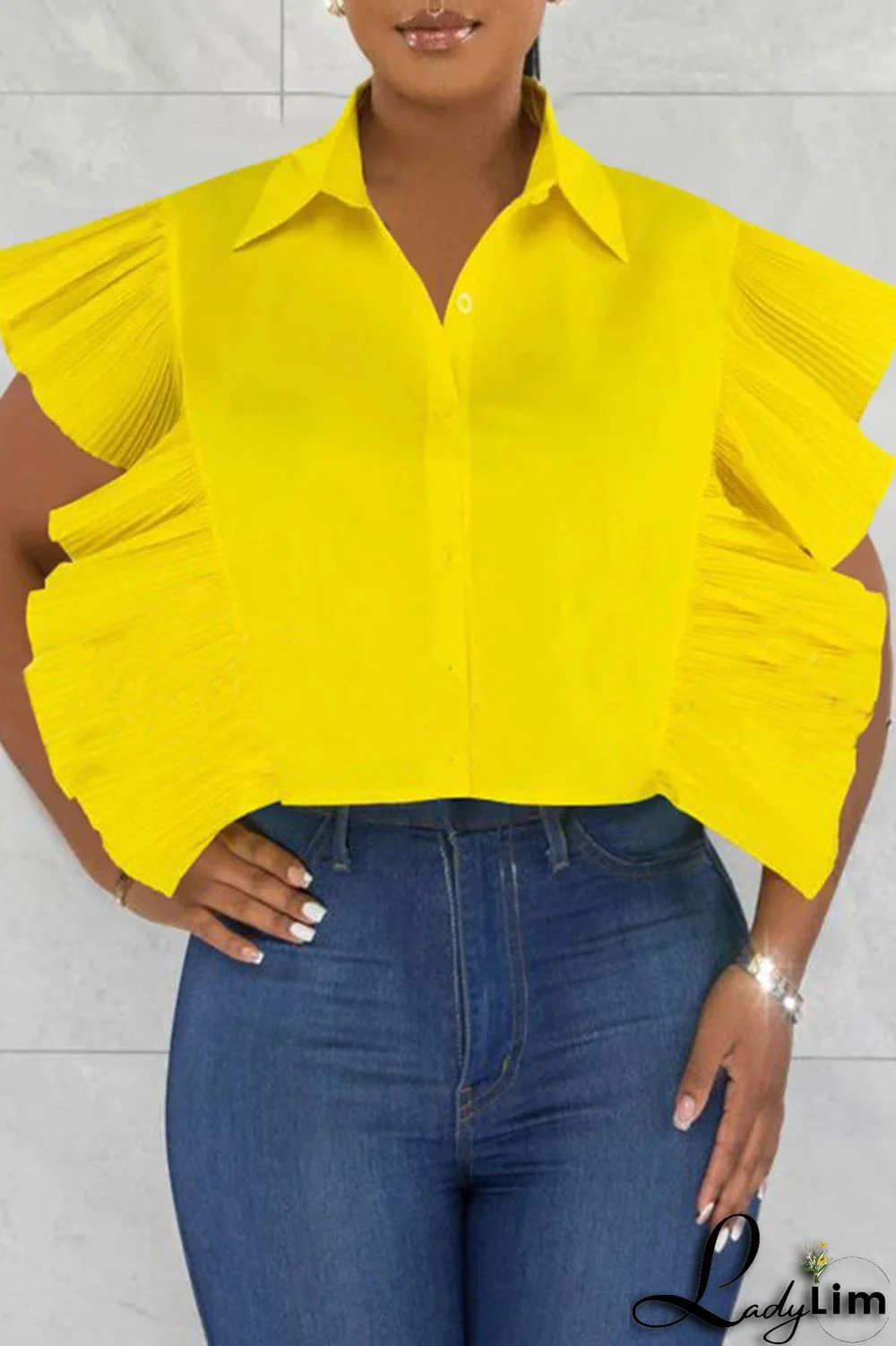 Rose Red Casual Solid Patchwork Buckle Flounce Turndown Collar Tops