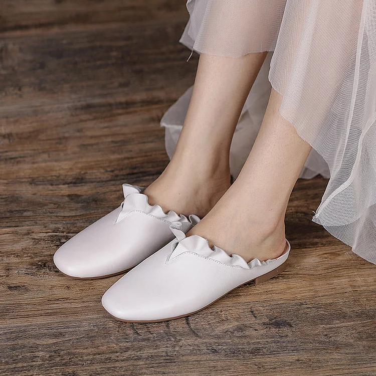 Women Summer Vintage Leather Ruffle Trim Casual Slippers