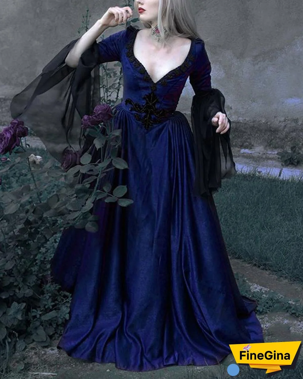 Women'S Retro Slim Solid Lace And Low V-Neck Dress