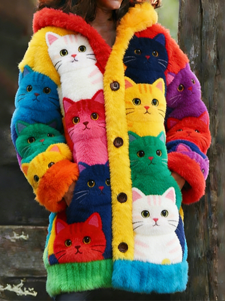 Rainbow Cat Plush Long Hooded Cardigan wearshes