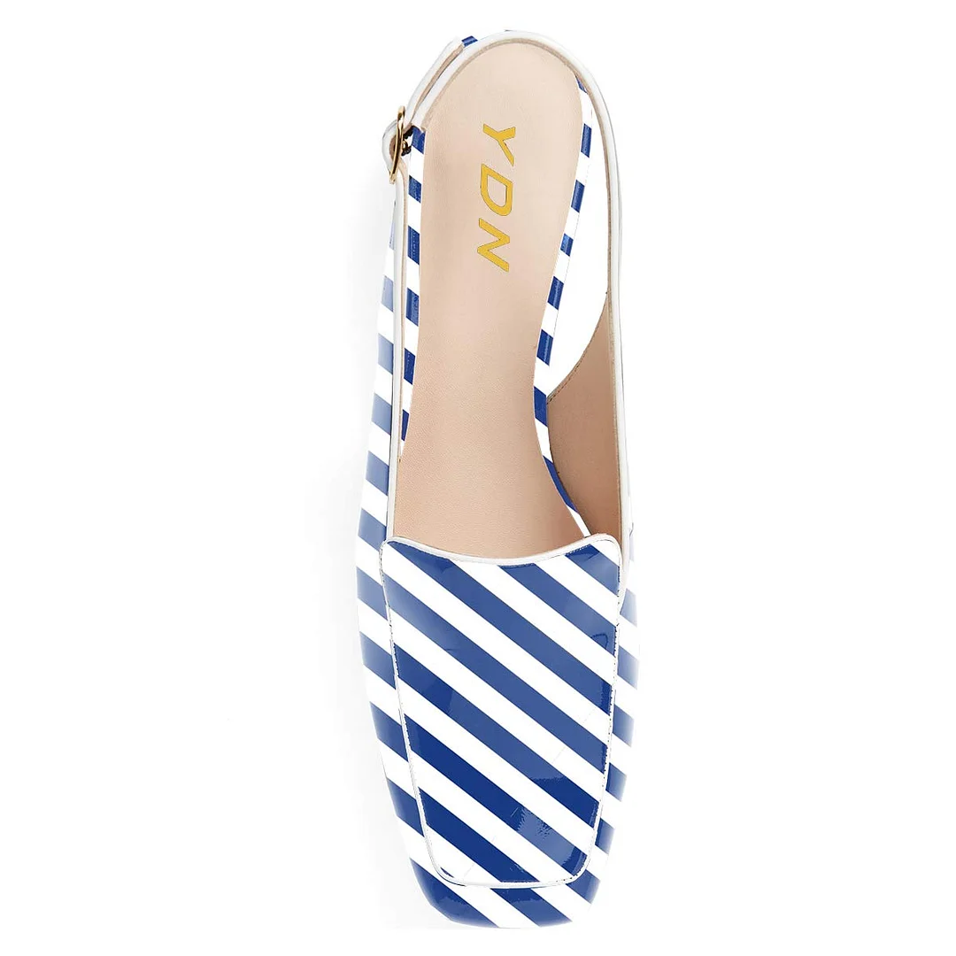 Blue & White Stripes Square Toe Chunky Heel Slingback Women's Loafers