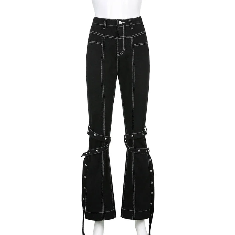 Goth Dark Mall Gothic Grunge Black Jeans Harajuku Punk Wide Leg Women Pants Hip Hop High Waist Bandage Streetwear Rivet Trousers