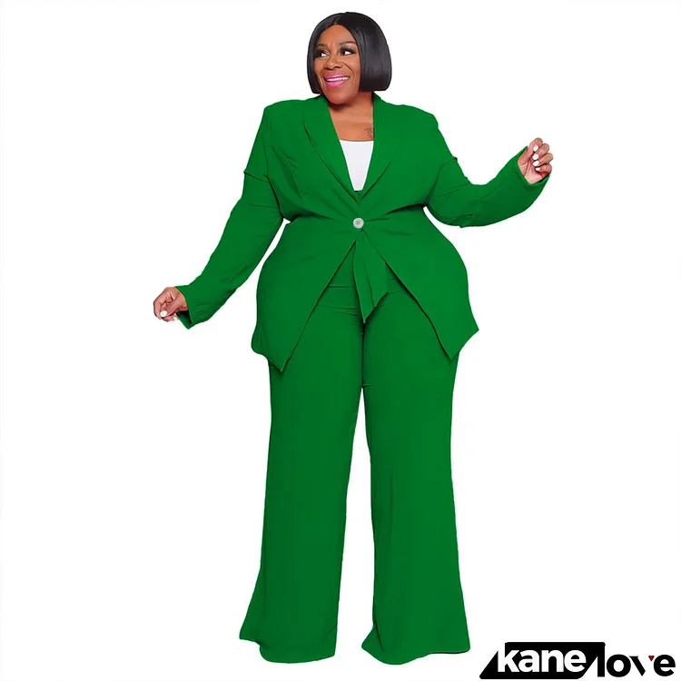 Women Fashion Solid Color Plus Size Long-Sleeved Suit Top Pants Lace-Up Two-Piece Set