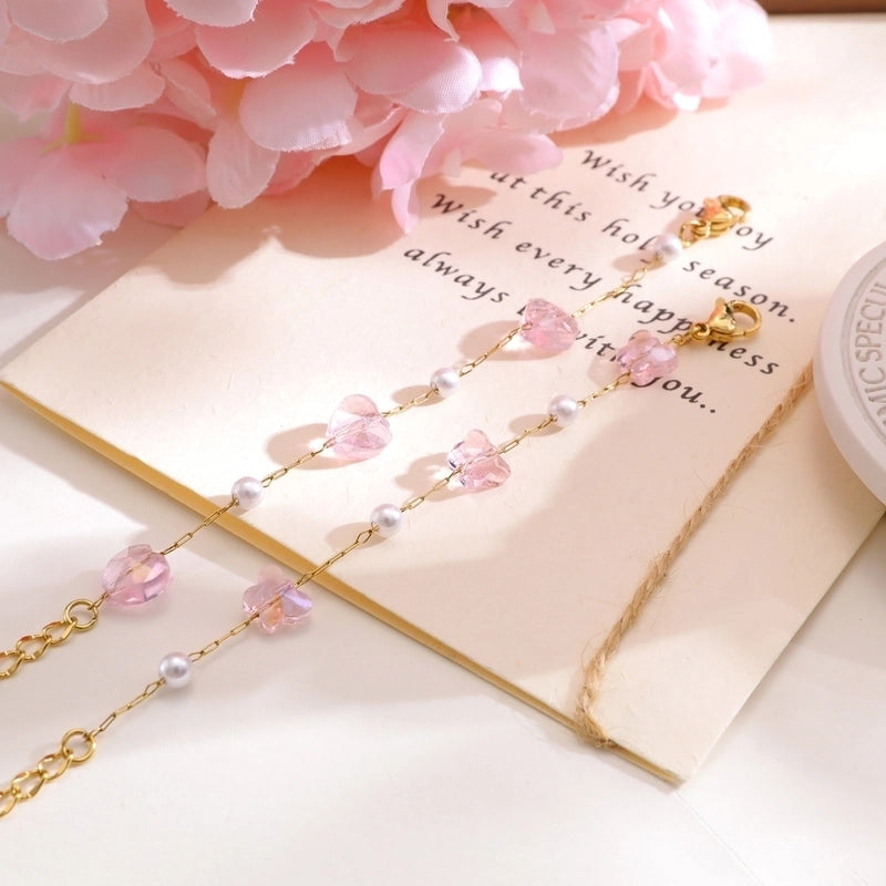 Stainless Steel Plated 18K Gold Chain Pink Butterfly Love Imitation Pearl Children’s Bracelet