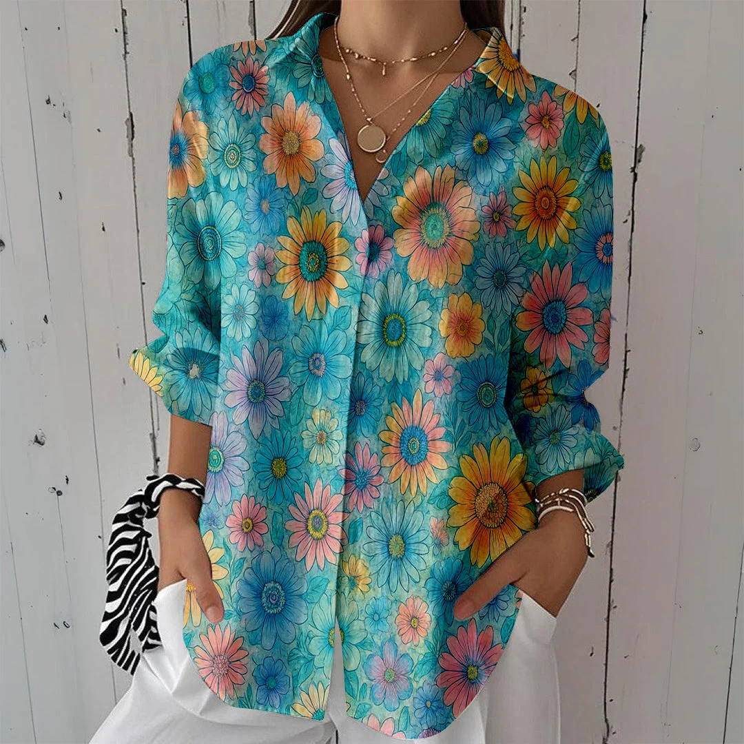 Style & Comfort for Mature Women Women Floral,Green,Yellow DZCL0262 3/4 Sleeve Shirt Collar Printed Button Tops