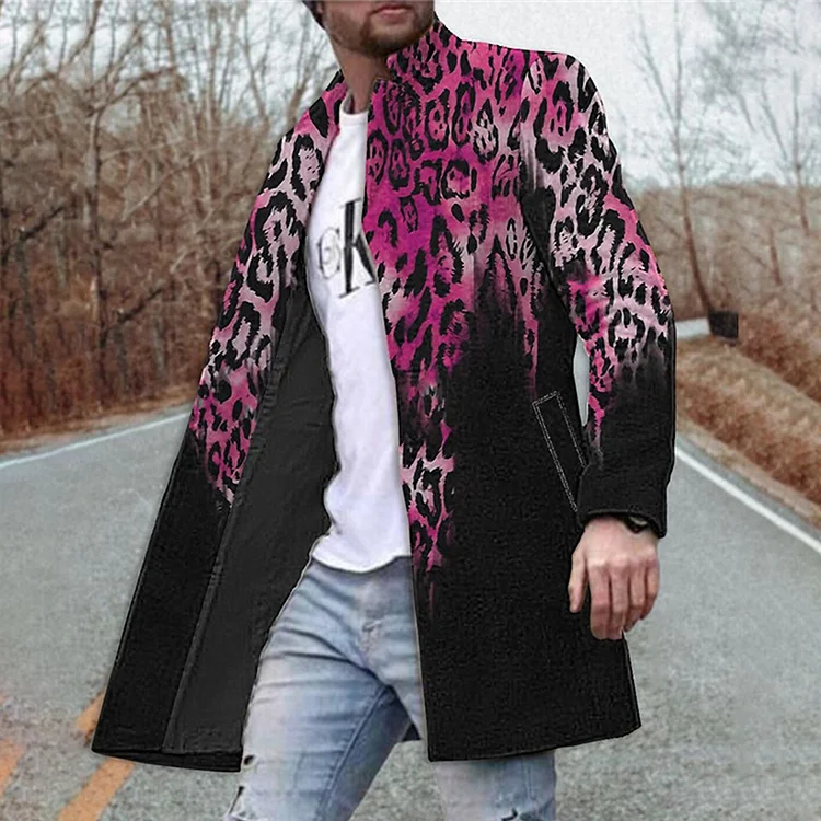 Men's Gradient Leopard Pattern Stand Collar Pocket Mid-Length Overcoat