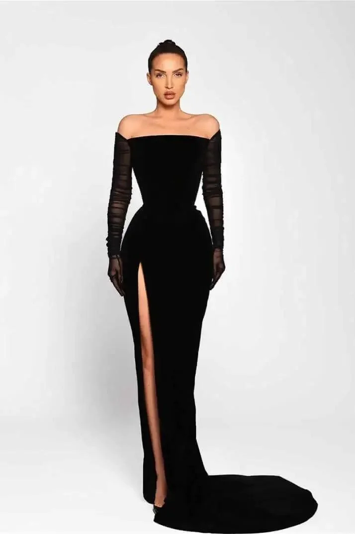 Miabel Beautiful Black Satin Strapless Long Sleeves Off the Shoulder Long Prom Dress with Split 