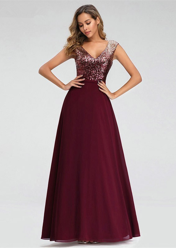 Bellasprom Burgundy Sequins Prom Dress Long Split Evening Gowns V-Neck Bellasprom