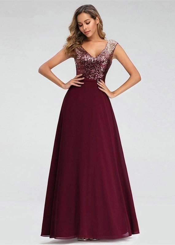 Burgundy V-Neck Sequins Prom Dress Long Split Evening Gowns - lulusllly