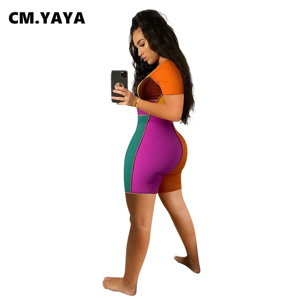 CM.YAYA Women Playsuit Patchwork Short Sleeve V-neck Lace Up Stretchy Bodycon Playsuits Casual Rompers One Piece Overalls Summer