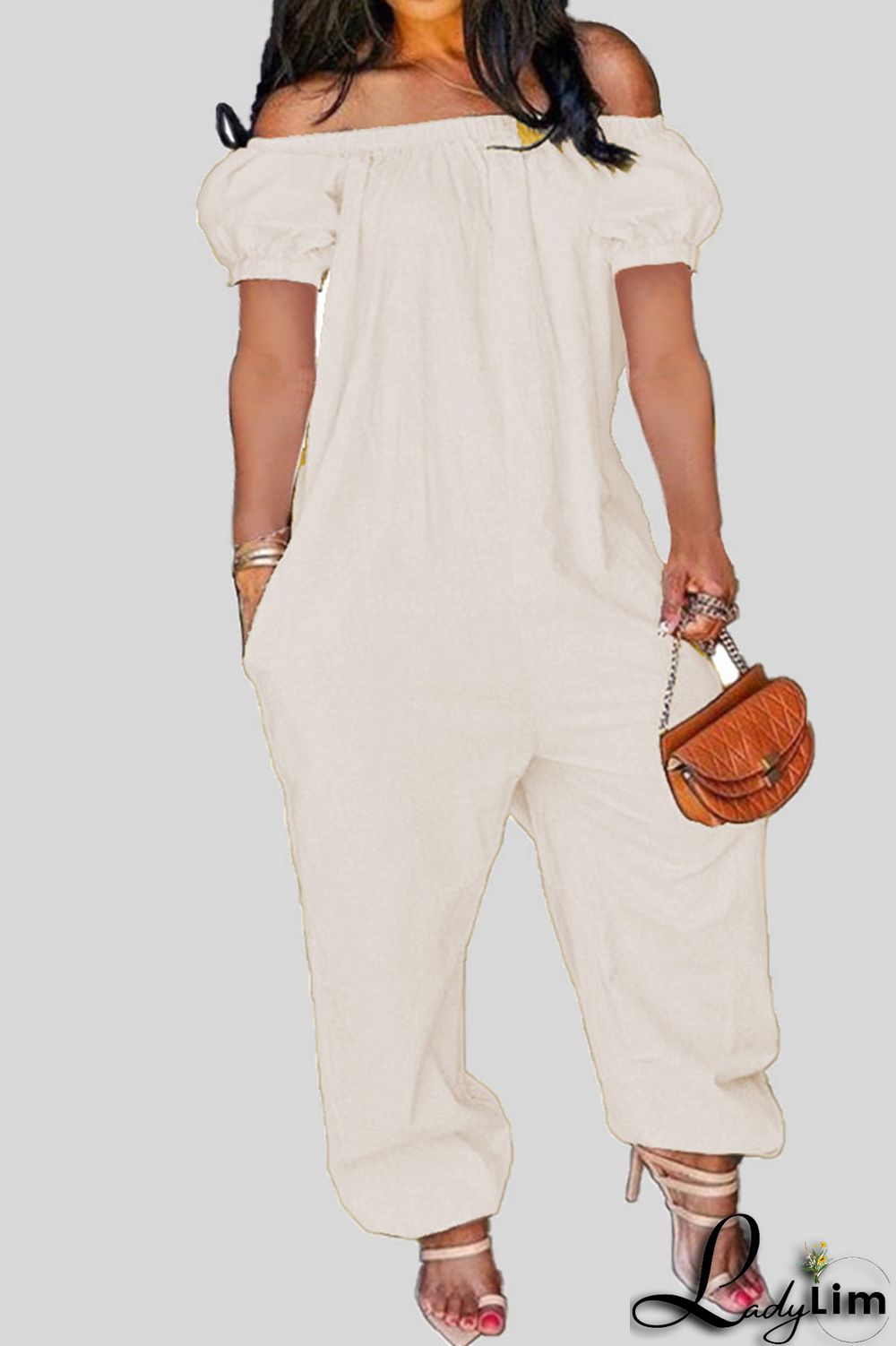 Tangerine Red Casual Solid Patchwork Off the Shoulder Loose Jumpsuits