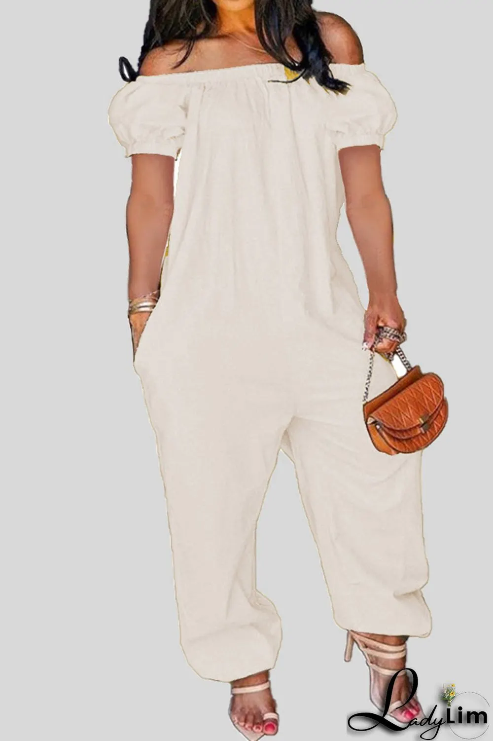 Tangerine Red Casual Solid Patchwork Off the Shoulder Loose Jumpsuits