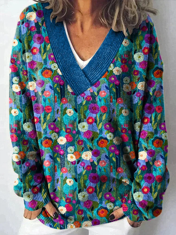 Oil Painting Summer Garden Pattern Printed Knit V-Neck Pullover Sweater